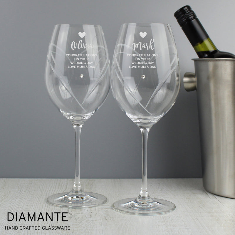 Personalised Hand Cut Heart Pattern Pair of Wine Glasses Glasses & Barware Everything Personal