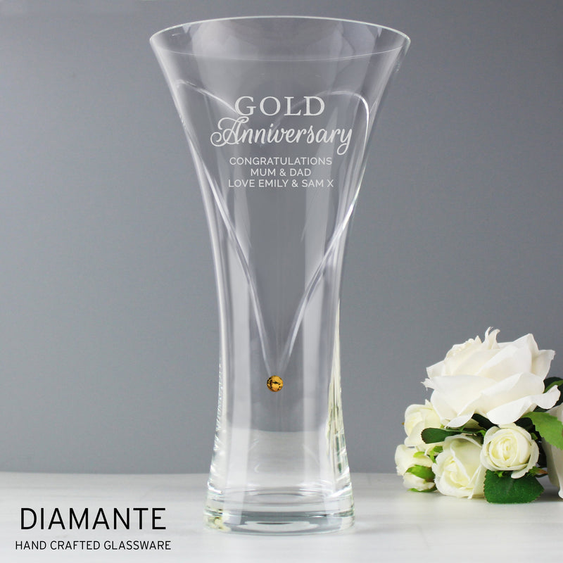 Personalised Gold Anniversary Hand Cut Diamante Heart Vase Vases Everything Personal