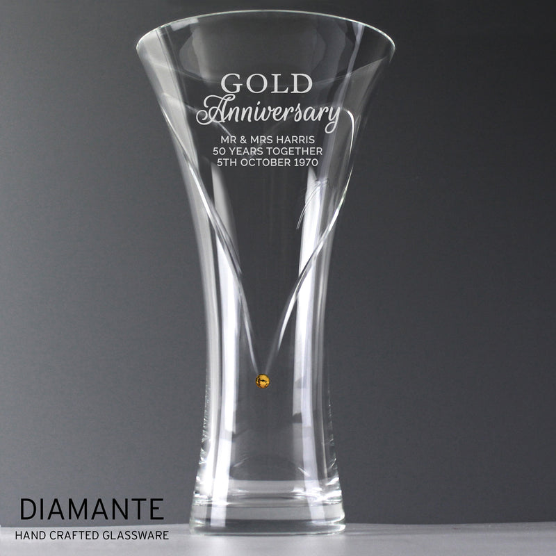 Personalised Gold Anniversary Large Hand Cut Diamante Heart Vase Vases Everything Personal