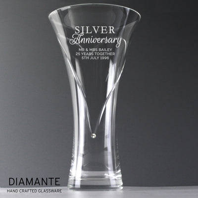 Personalised Silver Anniversary Large Hand Cut Diamante Heart Vase Vases Everything Personal