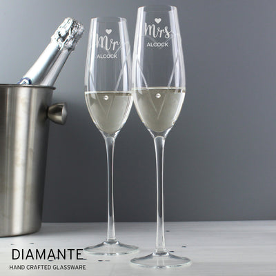Personalised Hand Cut Mr & Mrs Pair of Flutes in Gift Box Glasses & Barware Everything Personal