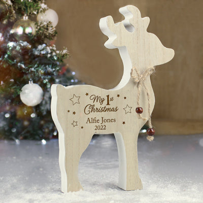 Personalised '1st Christmas' Rustic Wooden Reindeer Decoration Hanging Decorations & Signs Everything Personal