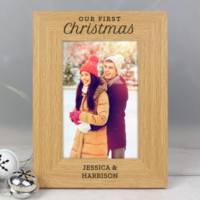 Personalised 'Our First Christmas' 4x6 Oak Finish Photo Frame Photo Frames, Albums and Guestbooks Everything Personal