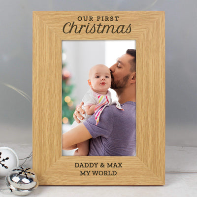Personalised 'Our First Christmas' 4x6 Oak Finish Photo Frame Photo Frames, Albums and Guestbooks Everything Personal