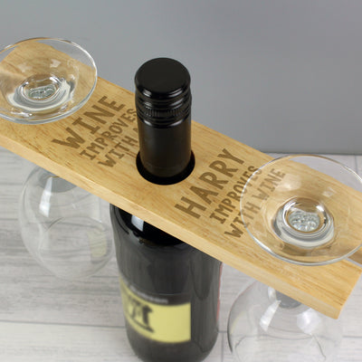 Personalised 'Improves With Wine' Wine Glass & Bottle Holder Wooden Everything Personal