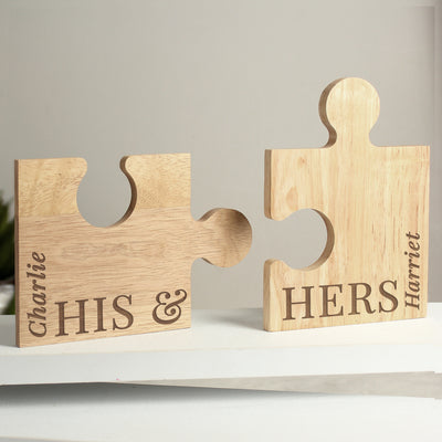 Personalised His & Hers Jigsaw Piece Set Wooden Everything Personal