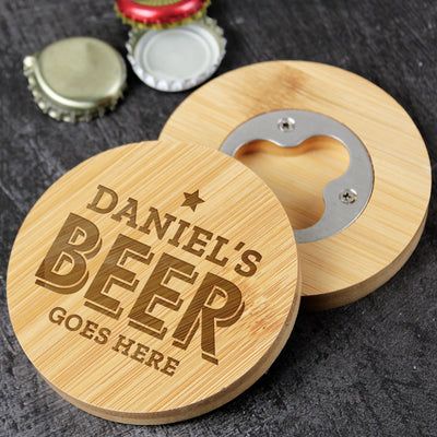 Personalised Beer Goes Here Bamboo Bottle Opener Coaster Glasses & Barware Everything Personal