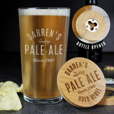 Personalised Bamboo Bottle Opener Coaster and Pint Glass Glasses & Barware Everything Personal