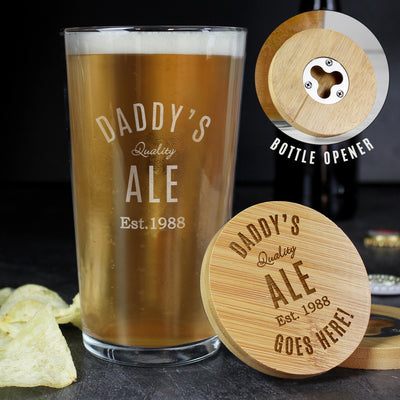 Personalised Free Text Bamboo Bottle Opener Coaster and Pint Glass Glasses & Barware Everything Personal