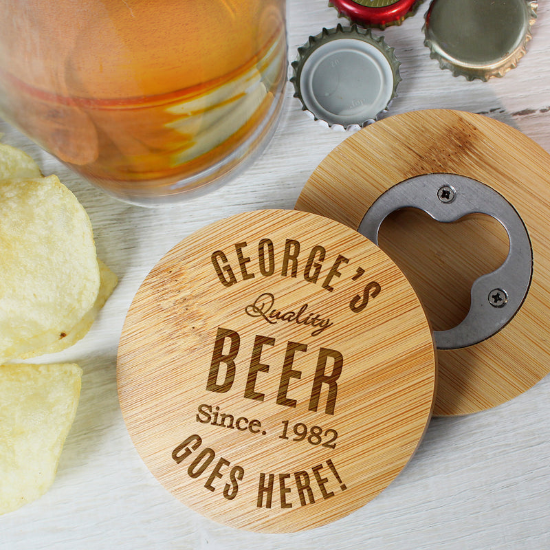 Personalised Bamboo Bottle Opener Coaster and Pint Glass Glasses & Barware Everything Personal