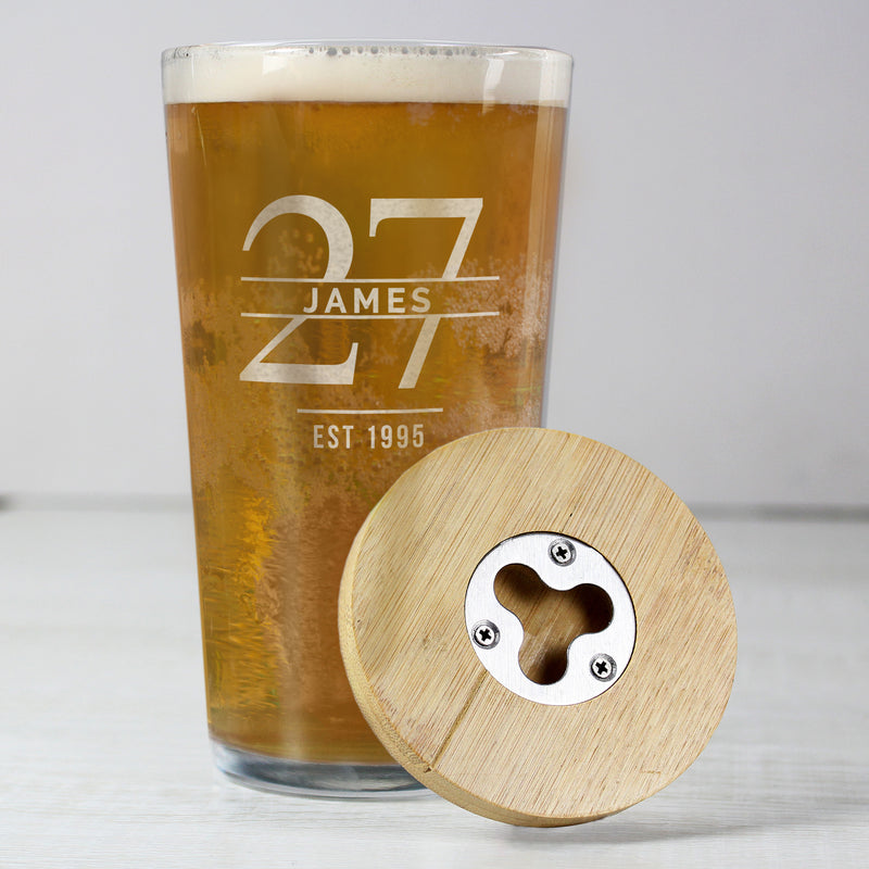 Personalised Age Bamboo Bottle Opener Coaster and Pint Glass Set Glasses & Barware Everything Personal