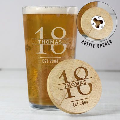 Personalised Age Bamboo Bottle Opener Coaster and Pint Glass Set Glasses & Barware Everything Personal