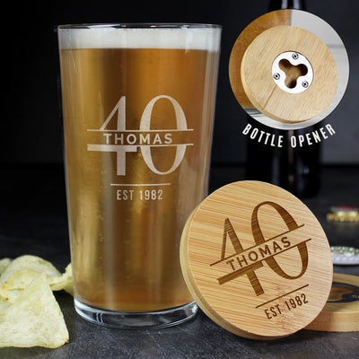 Personalised Big Age Bamboo Bottle Opener Coaster and Pint Glass Set Glasses & Barware Everything Personal