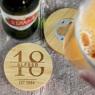 Personalised Age Bamboo Bottle Opener Coaster and Pint Glass Set Glasses & Barware Everything Personal
