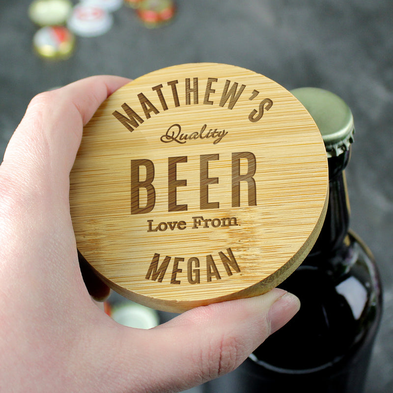 Personalised Bamboo Bottle Opener Coaster and Beer Set Glasses & Barware Everything Personal