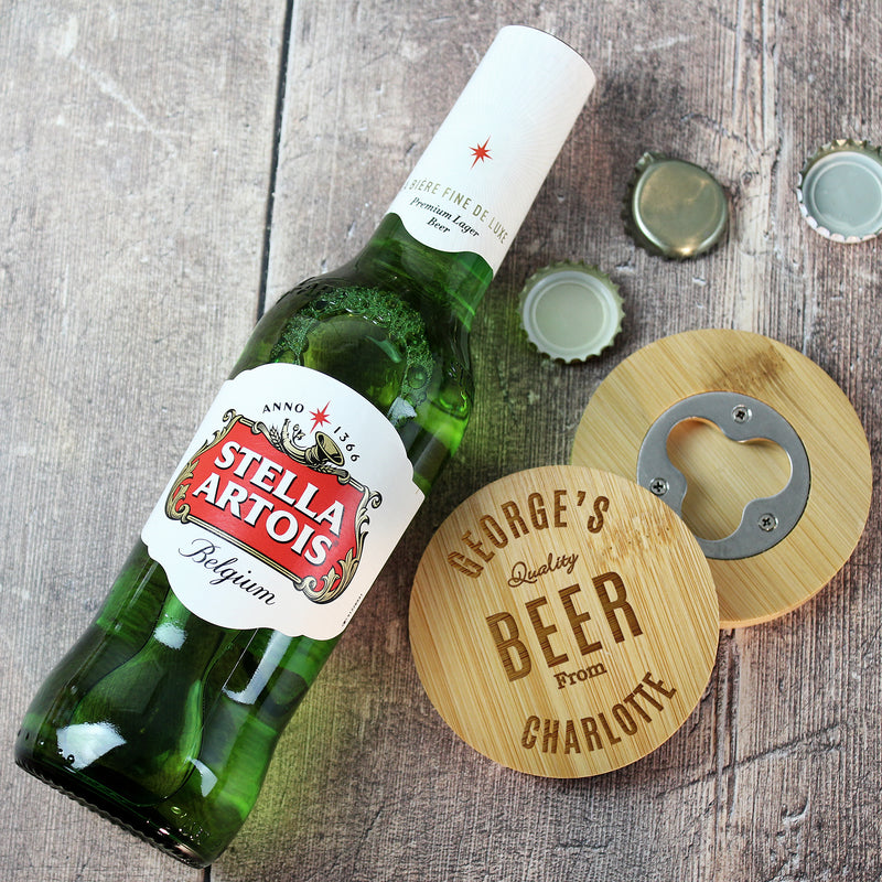 Personalised Bamboo Bottle Opener Coaster and Beer Set Glasses & Barware Everything Personal