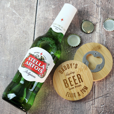 Personalised Free Text Bamboo Bottle Opener Coaster and Beer Set Alcohol Everything Personal
