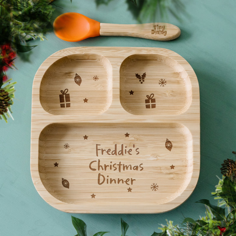 Personalised Christmas Dinner Bamboo Suction Plate & Spoon Mealtime Essentials Everything Personal