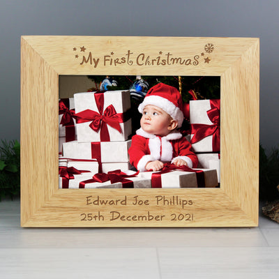 Personalised My First Christmas 7x5 Landscape Wooden Photo Frame Photo Frames, Albums and Guestbooks Everything Personal
