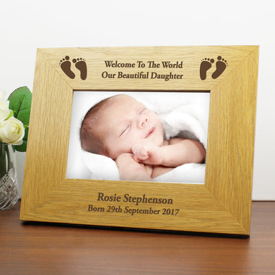Personalised Oak Finish 6x4 Landscape Baby Footprints Photo Frame Photo Frames, Albums and Guestbooks Everything Personal