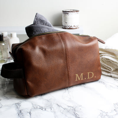 Personalised Luxury Initials Brown Leatherette Wash Bag Leather & Leatherette Everything Personal