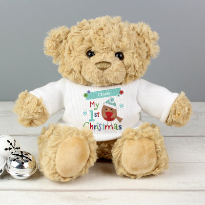 Personalised Felt Stitch Robin 'My 1st Christmas' Teddy Bear Plush Everything Personal