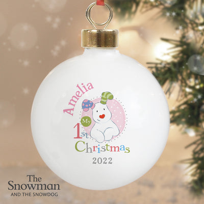 Personalised The Snowman and the Snowdog My 1st Christmas Pink Bauble Christmas Decorations Everything Personal