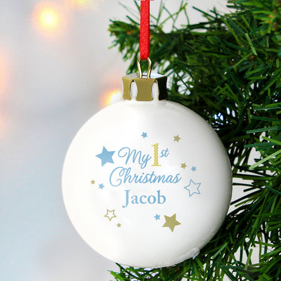 Personalised Gold & Blue Stars My 1st Christmas Bauble Christmas Decorations Everything Personal