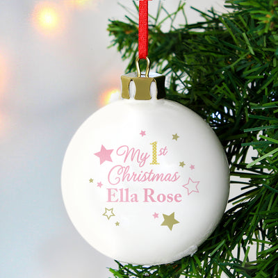 Personalised Gold & Pink Stars My 1st Christmas Bauble Christmas Decorations Everything Personal