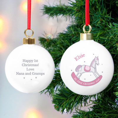 Personalised 1st Christmas Pink Rocking Horse Bauble Christmas Decorations Everything Personal