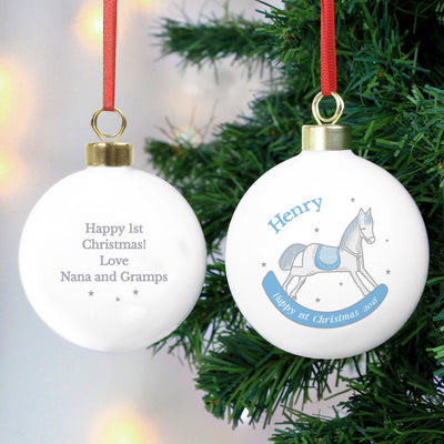 Personalised 1st Christmas Blue Rocking Horse Bauble Christmas Decorations Everything Personal