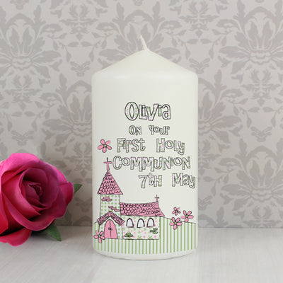 Personalised Whimsical Church Pink 1st Holy Communion Pillar Candle Candles & Reed Diffusers Everything Personal