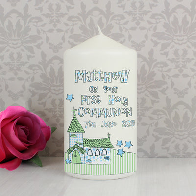Personalised Whimsical Church Blue 1st Holy Communion Pillar Candle Candles & Reed Diffusers Everything Personal