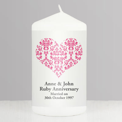 Personalised Ruby Damask Heart Pillar Candle Candles & Reed Diffusers Everything Personal