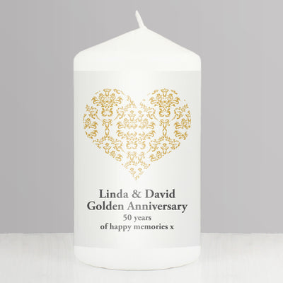 Personalised Gold Damask Heart Pillar Candle Candles & Reed Diffusers Everything Personal