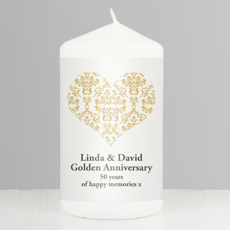 Personalised Gold Damask Heart Pillar Candle Candles & Reed Diffusers Everything Personal