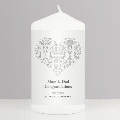 Personalised Silver Damask Heart Pillar Candle Candles & Reed Diffusers Everything Personal