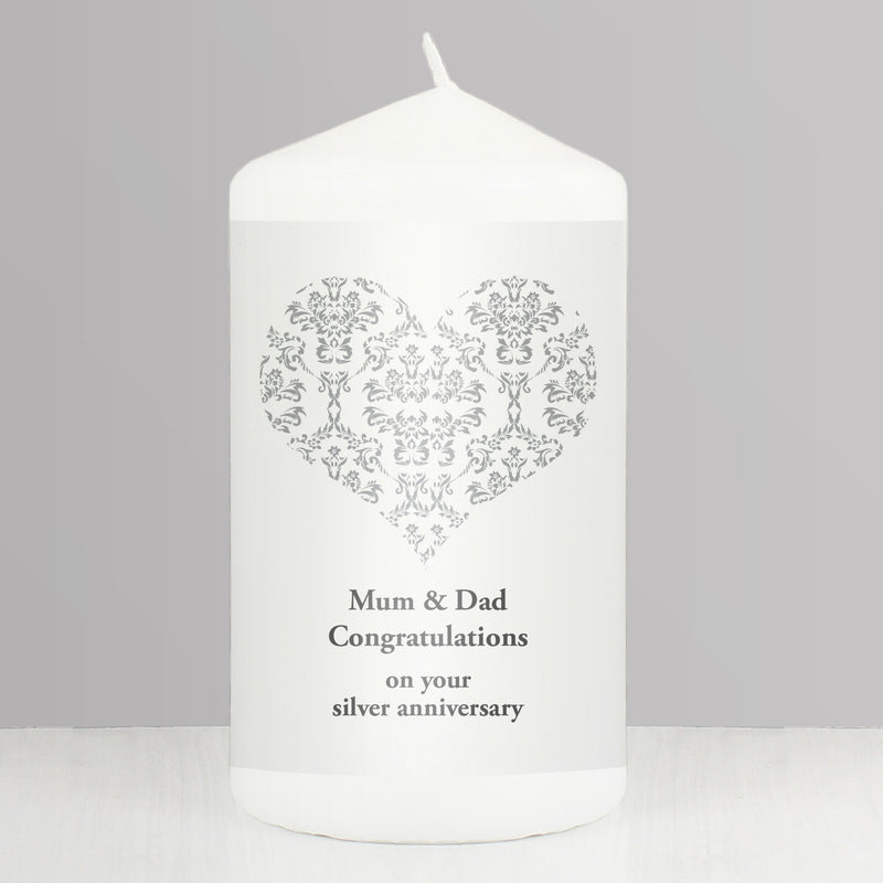 Personalised Silver Damask Heart Pillar Candle Candles & Reed Diffusers Everything Personal