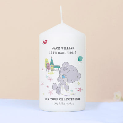 Personalised Tiny Tatty Teddy Christening Pillar Candle Candles & Reed Diffusers Everything Personal