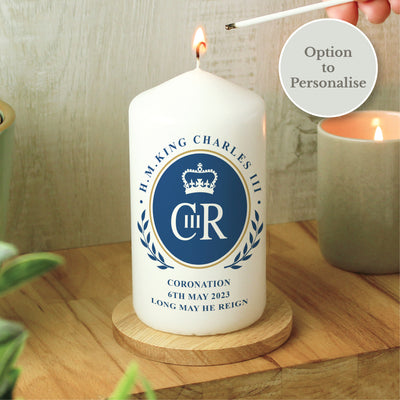Personalised King Charles III Blue Crest Coronation Commemorative Pillar Candle Candles & Reed Diffusers Everything Personal