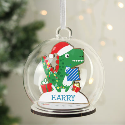 Personalised Wooden Dinosaur Glass Bauble Christmas Decorations Everything Personal