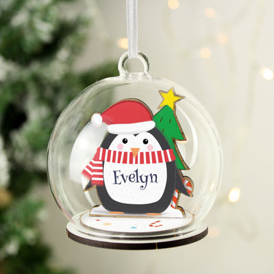 Personalised Wooden Penguin Glass Bauble Christmas Decorations Everything Personal
