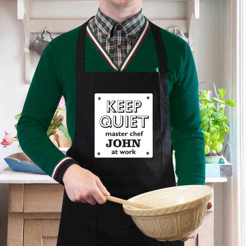 Personalised Keep Quiet Black Apron Kitchen, Baking & Dining Gifts Everything Personal