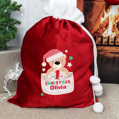 Personalised Pocket Teddy My 1st Christmas Luxury Pom Pom Red Sack Christmas Decorations Everything Personal