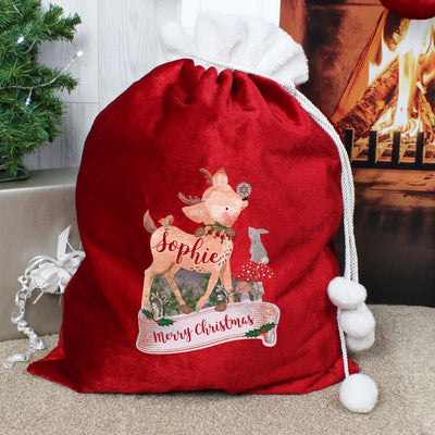 Personalised Festive Fawn Luxury Pom Pom Red Sack Christmas Decorations Everything Personal