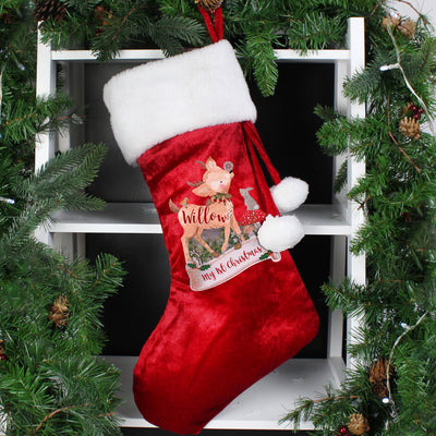 Personalised Festive Fawn Luxury Red Stocking Christmas Decorations Everything Personal