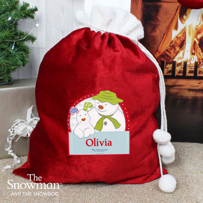 Personalised The Snowman and the Snowdog Luxury Pom Pom Sack Christmas Decorations Everything Personal