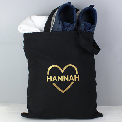 Personalised Gold Heart Black Cotton Bag Textiles Everything Personal