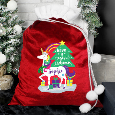 Personalised Christmas Unicorn Luxury Pom Pom Red Sack Christmas Decorations Everything Personal