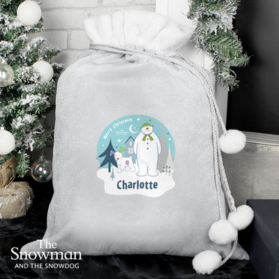 Personalised The Snowman and the Snowdog Luxury Silver Grey Pom Pom Sack Christmas Decorations Everything Personal